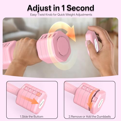 JOROTO 4-in-1 Adjustable Dumbbell Set of 2, 16LBS/22LBS Hand Weights for Women, Men, Upgraded TPE Soft Handle, 1s-Adjust Dual-Stable Dumbbell Set for Women Home Gym Exercise Training - color: B-Pink-22 LBS Pair