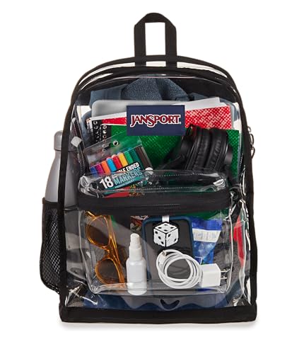 JanSport Clear Pack – 25.5L Transparent Backpack, Large Main Compartment, Side Water Bottle Pocket, Front Zippered Pocket, Mesh Bottom Panel, Clear - color: Clear, size: Large