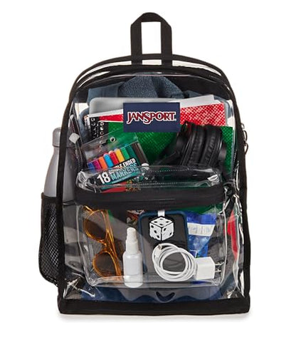 JanSport Clear Pack – 25.5L Transparent Backpack, Large Main Compartment, Side Water Bottle Pocket, Front Zippered Pocket, Mesh Bottom Panel, Clear - color: Clear, size: Large