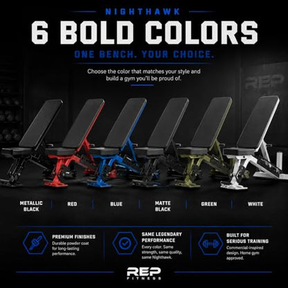 Rep Nighthawk Adjustable Weight Bench | Home Gym Incline Decline Flat Workout Bench | Heavy Duty Fitness and Strength Training Equipment | Foldable Space Saving Design - color: Black | Matte