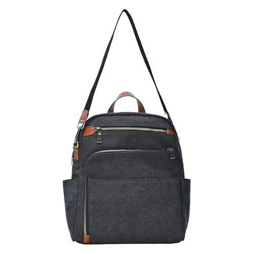MMS Brands Antik Kraft Willa Canvas Backpack (Black) | Convertible Backpack Purse for Women | Heavy Duty Canvas Shoulder Bag | 13" L x 4" W x 14" H - color: Black (Canvas), size: Medium