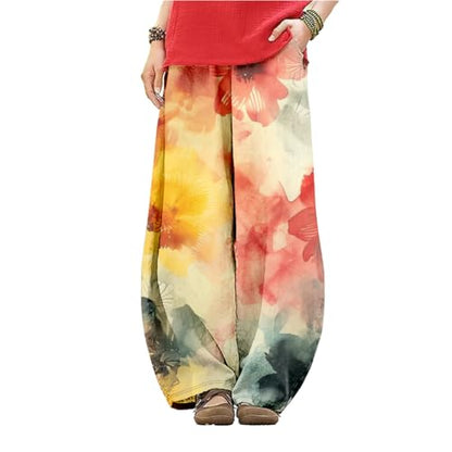 LOAIHA Women's Baggy Pants Elastic Waist Floral Wide Leg Yoga Sweatpants Harem Pant Lantern Trousers with Pockets - color: Boho11, size: X-Large