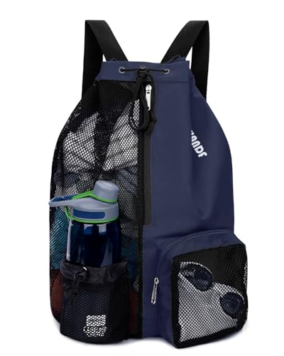 WANDF Swim Bag Mesh Drawstring Backpack with Wet Pocket for Swimming, Gym, and Workout Gear - color: Dark Blue, size: Large