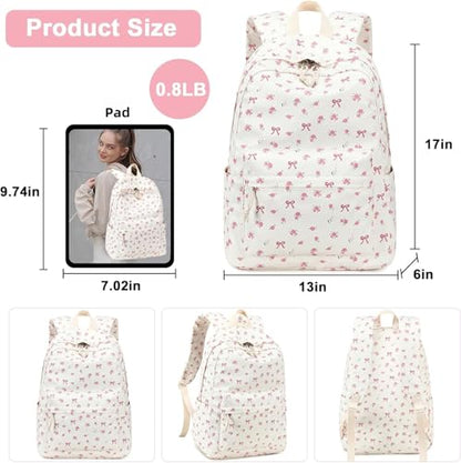 Bluboon School Backpack for Teen Girls Women Laptop Backpack College Bookbags Middle School Travel Work Commuter Back Pack - color: Beige Bow Tie