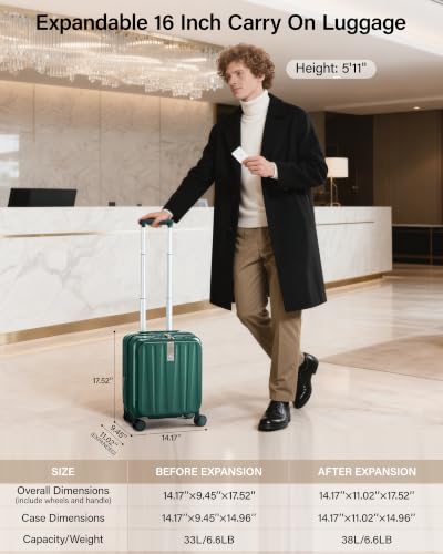 Hanke Top Opening Carry-On - Expandable 16 Inch Airline Approved Spinner | Easy-access top opening,360° spinner wheels,lightweight expandable hardshell, fits overhead bins,for overnight business trips - color: Blackish Green, size: 16 Inch Expandable