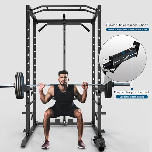 ULTRA FUEGO Power Cage, Multi-Functional Power Rack with J-Hooks, Dip Handles, Landmine Attachment and Optional Cable Pulley System for Home Gym - size: Power Cage Black With Pulley System and Flat Bench