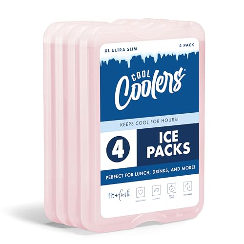 Cool Coolers by Fit & Fresh 4 Pack XL Slim Ice Packs, Quick Freeze Space Saving Reusable Ice Packs for Lunch Boxes or Coolers - color: Light Pink (4 Pack)