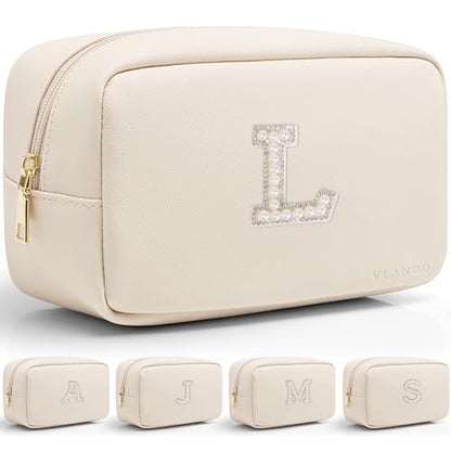 VLANDO Travel Gifts for Women Make up Bag Bridesmaid Proposal Gifts Pearl Letter Pouch Cosmetic Bag Zipper Purse for Women Girls Daughter Preppy Stuff L - color: 03-White-L