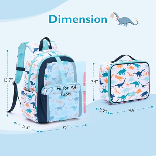 mommore Kids Backpack for Boys Girls 4-8 Kindergarten Elementary School Backpack with Lunch Box - 15” H Fit Folder - color: Blue Dinosaur, style: 2 Pcs