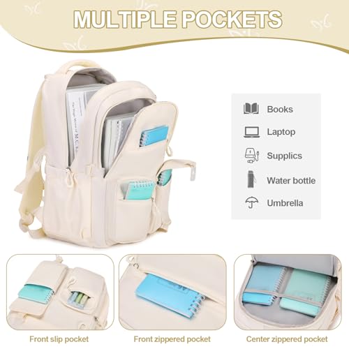 DIGOBAY 3PCS Girls Backpack for School, Kids Backpack for Girls with Lunch Bag Pencil Case, Kids Bookbag Teen Girl Backpacks for Elementary Middle High College School (White) - color: Beige