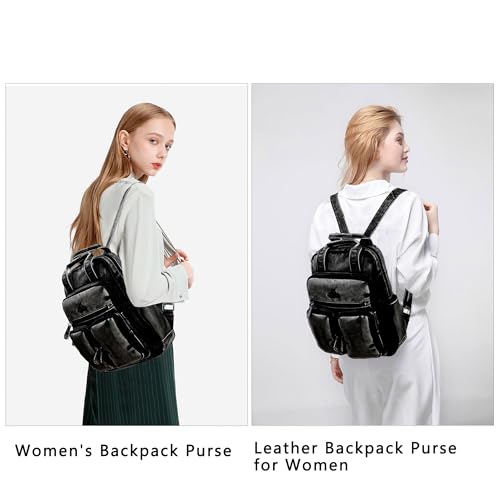 Angel Kiss Backpack Purse for Women Soft Washed Leather Multi Pocket Casual Travel Backpacks… - color: Retro-black
