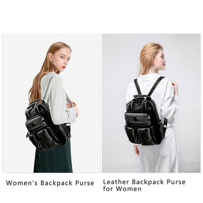 Angel Kiss Backpack Purse for Women Soft Washed Leather Multi Pocket Casual Travel Backpacks… - color: Retro-black