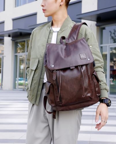 Soft leather backpack, casual PU backpack men women. USB charging port. Suitable for work, commuting, traveling, etc. Waterproof. (Brown) - color: Brown