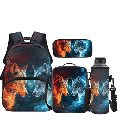 JEOCODY Cool Wolf Kids School Bag for Girls Backpack with Lunch Box Pencil Case Organizer Water Bottle Holder Set of 4 Boys School Supplies Casual Daypack for Travel Hiking - color: Cool Galaxy Wolf Printed