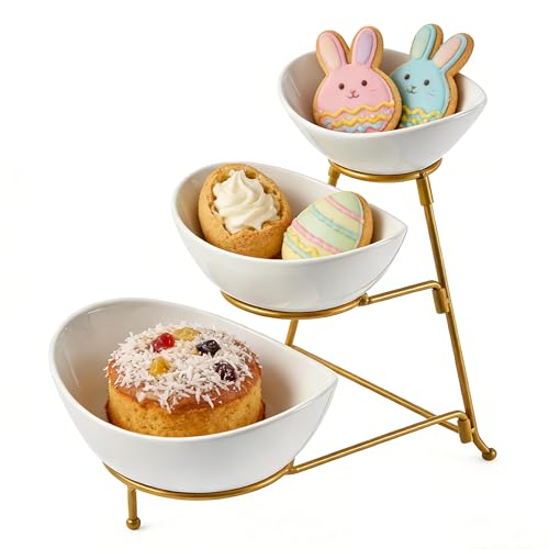 LYEOBOH 3 Tier Serving Bowls Set Tiered Serving Stand, Porcelain Oval Bowls with Collapsible Metal Stand for Entertaining, Party, Dessert Display, Candy, Chip and Dip (Gold)-45oz / 17.5oz / 7oz - color: Gold, style: Oval bowls