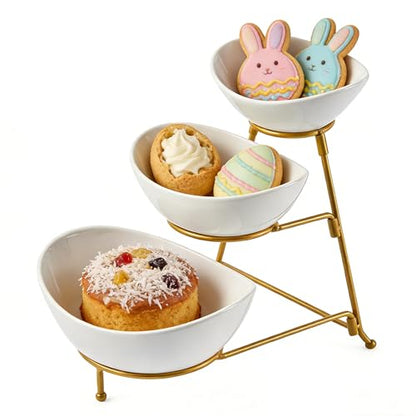 LYEOBOH 3 Tier Serving Bowls Set Tiered Serving Stand, Porcelain Oval Bowls with Collapsible Metal Stand for Entertaining, Party, Dessert Display, Candy, Chip and Dip (Gold)-45oz / 17.5oz / 7oz - color: Gold, style: Oval bowls