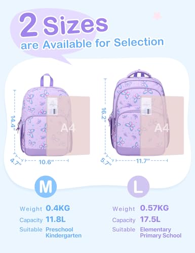 VASCHY Kids Backpacks, 12L Toddler & 17.5L School Backpacks, Lightweight Water-Resistant for Boys and Girls Ages 3-12 - color: Purple Flutter-s, size: Small
