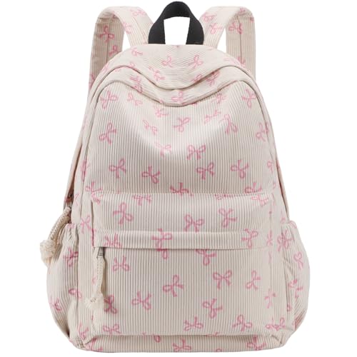 School Backpack for Girls, Corduroy Bookbag with 6X Cute Pin Accessories, Lightweight Laptop Bags for Teens, Women (Beige Bow) - color: Beige Bow