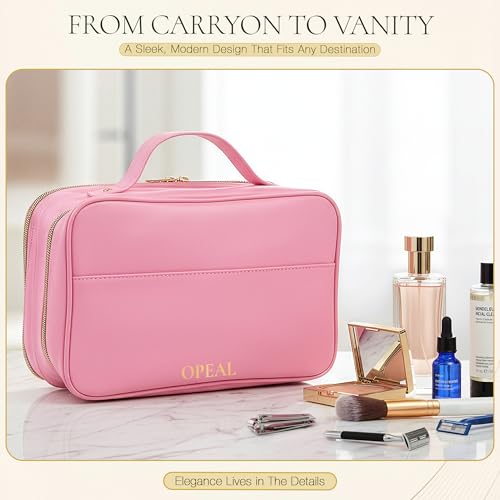 2-in-1 Travel Makeup and TSA Toiletry Organizer for Women – Flexible Compartments, Clear TSA Window, Wipe Clean Vegan Leather, Gift Box Included – Carry-On Approved, Cream - color: Pink