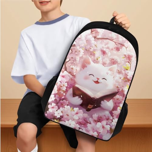 Flashideas Cherry Blossom Cat Backpack for School Girls Backpack with Lunch Box 32 oz Water Bottle and Water Bottle Holder 4Pcs Set 17" Bookbag with Compartments Sturdy School Bag for Kids Elementary - color: Cherry Blossom Cat