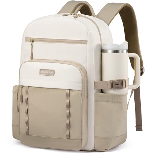 LOVEVOOK Laptop Backpack for Women with Large Cup Holder,15.6 Inch DIY Design Travel Work Backpack Computer Laptop Bag,Waterproof Nurse Teacher College Backpack Purse,Gifts for Women Men,Beige-Khaki - color: Beige - Khaki, size: 15.6 Inch