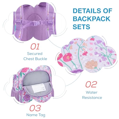 mommore Kids Backpack for Boys Girls 4-8 Kindergarten Elementary School Backpack with Lunch Box - 15” H Fit Folder - color: Purple Flower, style: 3 Pcs