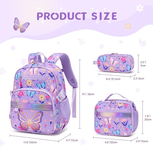 Toddler Backpack for Girls Ages 5-8, 3PCS Girls Backpack with Lunch Bag & Pencil Case - 15inch Kids School Bookbag for Preschool Kindergarten Elementary School (Purple Butterfly) - color: Purple Butterfly