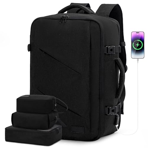 LOVEVOOK Travel Carry on Backpack, Large 40L Personal Item Travel Bag for Men & Women Flight Approved with 3 Packing Cubes, Suitcase Water Resistant Luggage Daypack Business Weekender Bag - color: Black, size: Upgrade-40L-4Pcs