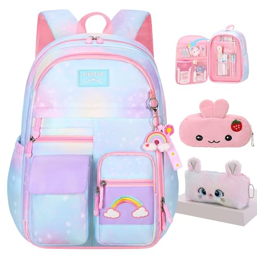 Jcobvig Rainbow Backpack For Girls Kids,Cute Student School Backpack With Pen Bag,Aesthetic Starry Rainbow Laptop Travel Bag - color: Blue, size: Medium