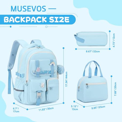 MUSEVOS Girls Backpack, Kids Backpack for Girls, School Bookbag for Teens Age 6-15, Large Capacity Water Resistant Backpack for Elementary to High School, Cute Travel Daypack, Blue 3pcs - color: Blue-3pcs