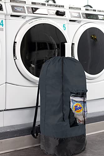 Laundry Bag Backpack with Shoulder Straps and Mesh Pocket Laundry Backpack Large Portable Laundry Hamper for College Laundromat Apartment with Drawstring Closure, Adjustable Back Straps (Black) - color: Charcoal Black