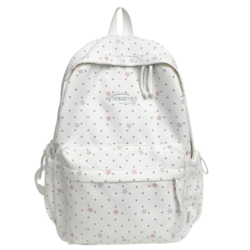 Cute Aesthetic Backpack Y2K Simple Heart Star Print Kawaii Backpacks Travel Laptop Rucksack Backpack for Women (White) - color: White