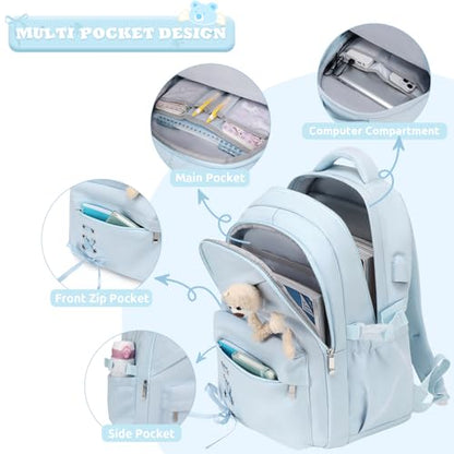 ACESAK School Backpack for Girls - 3 PCS Cute Girls Backpack with Lunch Box & Pencil Case - Kawaii Casual Kids Bookbag School Bag Daypacks Set for Elementary Middle High School Student Teens (Blue) - color: Blue