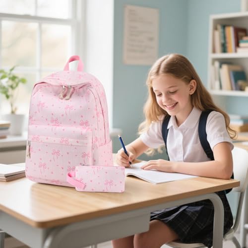 Bluboon School Backpack Set Girls Womens Laptop Bookbag Casual Daypack Fits 15 inch Laptop with Lunch Tote Bag and Pencil Bag - color: Pink Bow 219