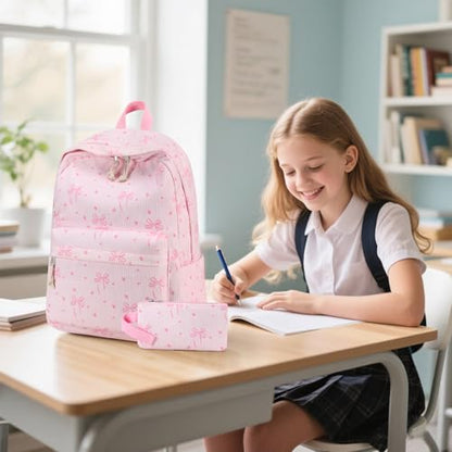 Bluboon School Backpack Set Girls Womens Laptop Bookbag Casual Daypack Fits 15 inch Laptop with Lunch Tote Bag and Pencil Bag - color: Pink Bow 219