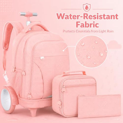 AGSDON Quiet Glide Rolling Backpack with Lunch Box Set - Large Wheel Water-Resistant Wheeled Bag for Business, Travel, and College | Blush Pink 3-in-1 Organizer Backpack - color: Reflective Pink - Rolling Backpack
