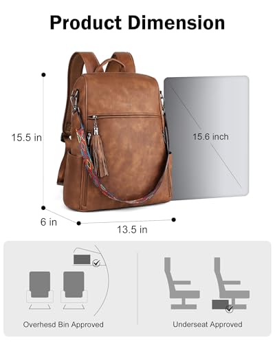 FADEON Leather Laptop Backpack for Women Designer 15.6 inch PU Laptop Bag, Ladies Travel Computer Work Backpack Brown - color: 1 Brown Retro Style