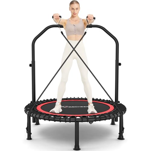 ANCHEER 40"/48" Foldable Mini Trampoline,Max Load 450lbs/550lbs Indoor Trampoline,with 4 Level Adjustable Foam Handle and Resistance Bands,Adult Exercise Trampoline for Home, Garden, and Gym - color: Red, size: 48 inch