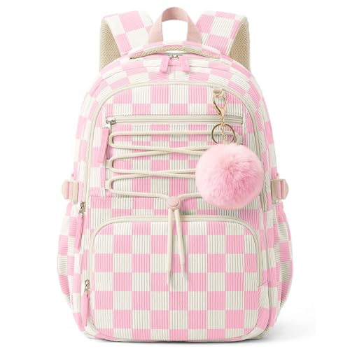 WOBAGMEN Corduroy Backpack for Kids Girls,Cute Aesthetic School Backpack with Multi-Pocket, Lightweight Bookbag Fits 15.6" Laptop, Large Capacity Casual Daypacks for Middle High School College,Gingham - color: Pink Gingham