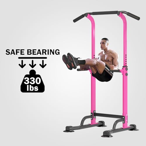 SogesPower Power Tower Dip Station Pull Up Bar for Home Gym Adjustable Height Strength Training Workout Equipment,Pull Up Bar Station - color: Pink