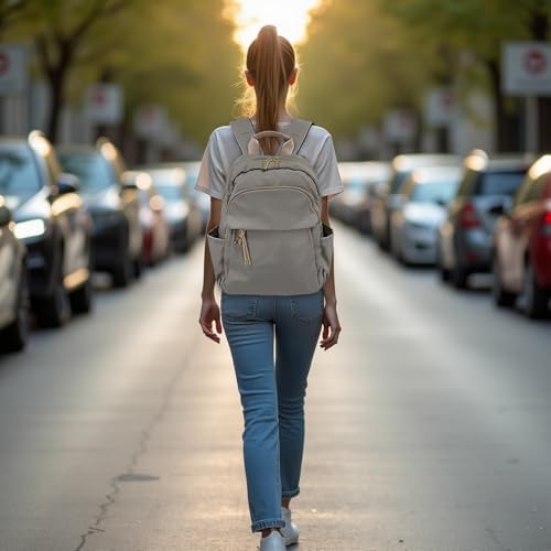 M-ioi-M Medium Backpack Purse for Women, Fashion Nylon Daypack with Gold Hardware, Lightweight Water-Resistant Rucksack for College, Work, Travel, Everyday Use, Fits 13–14" Laptop (Gray Beige, Medium) - color: Gray Beige,medium