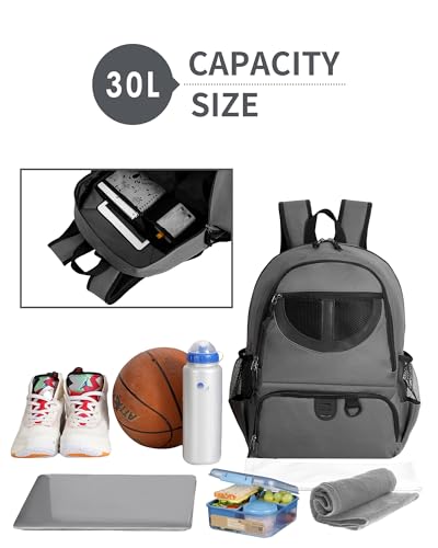 Basketball Bag Backpack for Men Women with Ball & Shoes Compartment 30L Capacity Lightweight Breathable Boys Girls Soccer Ball Bag Backpack Fit Volleyball Football Sports Travel School Gym - color: TK8Gray