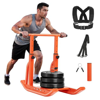 VEVOR Football Sleds and Chutes, Weight Sled, Football Training Pull Push Running Sled, Fitness Workout Sled Push Gym Equipment, Adjustable Height Handle, Compatible 1/2 in Weight Plates - style: T-Handle Orange