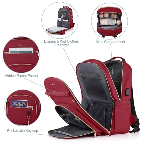 MOMUVO Diaper Backpack for Women Large Capacity with Insulated Pockets Diaper Bags For Baby,Burgundy - color: Burgundy