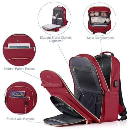 MOMUVO Diaper Backpack for Women Large Capacity with Insulated Pockets Diaper Bags For Baby,Burgundy - color: Burgundy