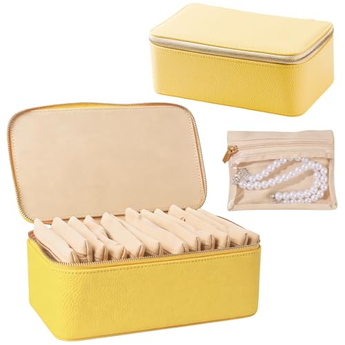 Travel Jewelry Organizer, Travel Jewelry Box with 12 Velvet Zipped Pouches Bags for Jewelries Necklaces Rings Earrings Sorting Storage for Women Girl Gifts, Butter Yellow - color: Butter Yellow - 12 Pouch