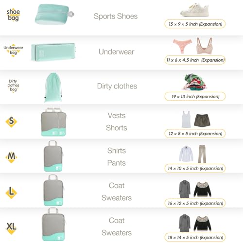 Compression Packing Cubes 8 Set, Dual Zipper Compression Packing Cubes for Travel, See-Through Mesh Packing Bags for Suitcases, Compression Cubes with Shoe Bag - color: 8 Set