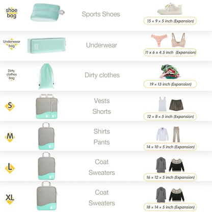 Compression Packing Cubes 8 Set, Dual Zipper Compression Packing Cubes for Travel, See-Through Mesh Packing Bags for Suitcases, Compression Cubes with Shoe Bag - color: 8 Set