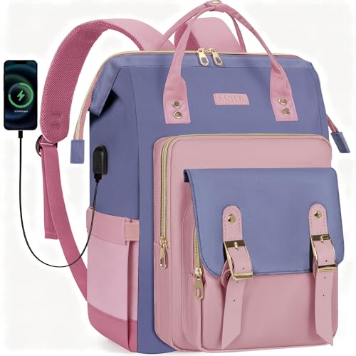 ANILD Travel Laptop Backpack for Women Bag, 15.6 Inch Work Backpack with USB Charging and Port Luggage Strap, Airline Approved Business Work Bag for Nurse College Teacher - color: Pink-blue