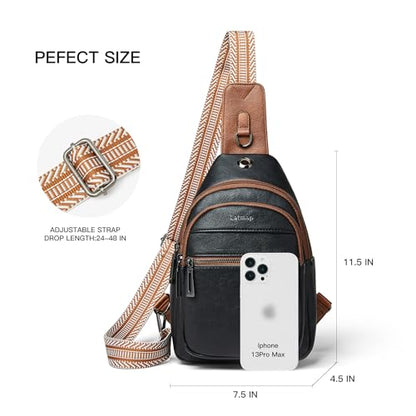 LATMAP 7L Sling Bag For Women Faux Leather Anti Theft Small Casual Daypack Backpack Fanny Pack Crossbody Chest Bags Purse Waterproof - color: 7l-black W/ Brown Trim